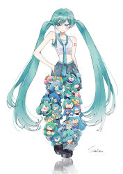  1girl :/ absurdres aqua_eyes aqua_hair aqua_necktie arm_tattoo artist_name asymmetrical_sidelocks black_shoes blush bow character_doll character_request closed_mouth collarbone commentary_request crop_top denim doll full_body fuwapuchi hachune_miku hair_ornament hairclip hand_on_own_hip hatsune_miku highres invisible_floor jeans long_hair looking_at_viewer loose_necktie magical_mirai_(vocaloid) magical_mirai_miku magical_mirai_miku_(2013) musical_note musical_note_hair_ornament navel necktie number_tattoo pants photo-referenced reflective_floor sakura_miku shoes sidelocks signature solo sukicakie tank_top tattoo tie_clip too_many too_many_dolls twintails very_long_hair vocaloid white_tank_top yuki_miku 