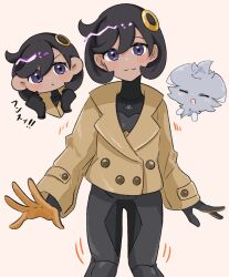  1girl black_bodysuit black_gloves black_hair blush bodysuit brown_jacket closed_eyes closed_mouth dark-skinned_female dark_skin emma_(pokemon) gloves hair_ornament highres jacket latex latex_bodysuit looking_at_viewer mega_stone open_mouth orange_gloves pokemon pokemon_(creature) pokemon_legends:_z-a ryokukoucha short_hair smile two-tone_gloves violet_eyes 