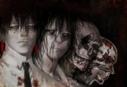  1boy black_butterfly black_hair black_necktie black_sclera blood blood_on_clothes bug butterfly centipede character_request collared_shirt colored_sclera dark_background errence flower grey_eyes hair_between_eyes highres horror_(theme) kagurabachi looking_at_viewer male_focus medium_hair messy_hair necktie progression red_flower serious shirt short_hair skull spider symbolism white_flower white_shirt 