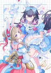  1other 2girls alice's_adventures_in_wonderland alternate_costume angel_wings animal_ear_hairband animal_ears apron aqua_bow aqua_dress blue_eyes blush bow braid brown_hair bun_with_braided_base card closed_eyes closed_mouth collarbone columbina_(genshin_impact) commentary_request crescent crescent_hair_ornament cup dress fake_animal_ears feathered_wings frilled_apron frills genshin_impact hair_bun hair_ornament hair_ribbon hairband hand_on_own_hip head_wings highres long_sidelocks luonnotar_(genshin_impact) multiple_girls multiple_wings plate puffy_short_sleeves puffy_sleeves ribbon sandrone_(genshin_impact) short_sleeves sidelocks smile teacup watch white_apron white_dress white_ribbon white_wings wings yutukicom 