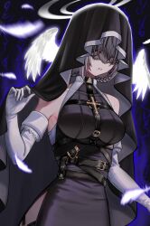  absurdres breasts closed_mouth feathers gloves grey_hair halo head_wings highres large_breasts no_bra nun original rau_ma_(the_rauma001) veil white_gloves wings 