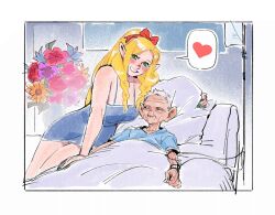  1boy 1girl aatom87 aged_up alternate_breast_size_(larger) bed blonde_hair blue_dress braid breasts chilchuck_tims commentary contemporary dress dungeon_meshi english_commentary flower green_eyes green_nails grey_hair heart hospital_bed intravenous_drip large_breasts lying marcille_donato old old_man on_back pillow ponytail short_dress sitting smile spoken_heart twin_braids 