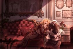  2girls apron ascot black_dress black_hair black_pants blonde_hair brooch cheromo159 chest_of_drawers collared_shirt commentary couch curtained_hair don_quixote_(project_moon) dress english_commentary feet_out_of_frame flower frilled_apron frills from_behind hair_ornament hair_scrunchie hand_on_own_chin highres holding_hands indoors jacket jewelry leaning_on_object limbus_company long_hair long_sleeves looking_at_another maid maid_headdress multiple_girls on_couch pants picture_frame ponytail project_moon puffy_long_sleeves puffy_sleeves red_eyes red_flower red_jacket ryoshu_(project_moon) sancho_(project_moon) scrunchie shirt vase white_ascot white_shirt wuthering_heights_(identity)_(project_moon) yuri 