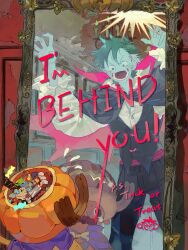  2boys absurdres animal_ears antlers black_hair black_pants black_vest blue_nose candy cape colored_skin deer_ears english_commentary english_text fangs feet_out_of_frame flying_sweatdrops food grey_skin halloween halloween_bucket halloween_costume hands_up hat highres horns looking_at_another male_focus mirror monkey_d._luffy multiple_boys one_piece open_mouth pants pointy_ears purple_cape red_cape reindeer_antlers reindeer_boy scared shirt short_hair siyangou49 standing tony_tony_chopper trick_or_treat vampire_costume vest white_shirt 