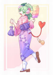  00759393 1girl alternate_hairstyle cotton_candy demon_tail floral_print floral_print_kimono food full_body green_eyes green_hair highres holding holding_cotton_candy holding_food horns japanese_clothes kimono kinchaku long_hair looking_at_viewer looking_back mairimashita!_iruma-kun mask mask_on_head pink_horns pouch print_kimono sandals sharp_teeth socks tail teeth valac_clara water_yoyo white_socks yukata 