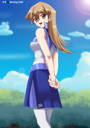  1girl arms_behind_back blonde_hair blue_skirt deviantart_username duel_academy_uniform_(yu-gi-oh!_gx) garden happy long_hair looking_at_viewer looking_back sincity2100 sleeveless_shirt tenjouin_asuka walking yellow_eyes yu-gi-oh! yu-gi-oh!_gx yuu-gi-ou yuu-gi-ou_gx 