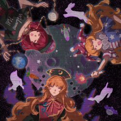  3girls american_flag american_flag_print animal arm_up bare_arms black_dress black_hat black_shirt blue_jumpsuit chain clothes_writing clownpiece collarbone commentary copyright_name crescent_print dalachi_(headdress) dot_nose dress earth_(ornament) eyelashes fire flag_print floating_hair floral_print gold_chain hand_on_own_hip happy hat heart heart_print hecatia_lapislazuli highres holding holding_torch jester_cap jumpsuit junko_(touhou) legacy_of_lunatic_kingdom long_hair looking_at_viewer medium_hair moon moon_(ornament) multicolored_jumpsuit multiple_girls neck_ribbon neck_ruff off-shoulder_shirt off_shoulder open_mouth orange_hair pink_eyes pleated_sleeves polka_dot_headwear pom_pom_(clothes) print_headwear print_jumpsuit print_shirt print_tabard purple_hat purple_wings rabbit red_eyes red_hair red_jumpsuit red_tabard ribbon rocket shirt short_sleeves smile space split-color_clothes star_(symbol) star_print striped_jumpsuit symbol-only_commentary t-shirt tabard tansuyuli textless_version torch touhou underworld_(ornament) upper_body upside-down variant_set very_long_hair wavy_hair white_jumpsuit wings yellow_ribbon 