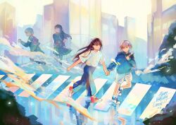  2girls absurdres bang_dream! bang_dream!_it's_mygo!!!!! black_hair blue_hoodie blue_pants blue_shorts commentary crosswalk english_commentary grey_hair haneoka_school_uniform happy_birthday highres holding holding_hands holding_microphone holding_own_arm hood hood_down hoodie jacket long_hair microphone multiple_girls pants pleated_skirt quinn_(quinyctal) school_uniform shiina_taki short_hair shorts skirt string string_of_fate takamatsu_tomori upper_body 