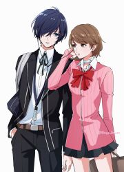  1boy 1girl bag belt black_jacket black_pants black_ribbon black_skirt blue_eyes blue_hair bow bowtie brown_eyes brown_hair cardigan choker collared_shirt cowboy_shot digital_media_player digital_walkman earphones earrings flipped_hair gekkoukan_high_school_uniform hair_over_one_eye hand_in_pocket heart heart_choker height_difference highres holding holding_bag ikuya_kawaii jacket jewelry listening_to_music long_sleeves looking_at_another loose_bowtie miniskirt neck_ribbon open_clothes open_jacket pants parted_lips persona persona_3 pink_cardigan pleated_skirt red_bow red_bowtie ribbed_cardigan ribbon school_bag school_uniform shared_earphones shirt short_hair shoulder_bag skirt stud_earrings swept_bangs takeba_yukari twitter_username walkman_nw-s203f white_background white_choker white_shirt yuuki_makoto_(persona_3) 