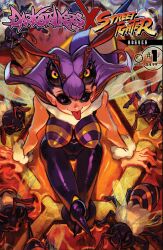  1girl :p alex_ahad antennae arthropod_girl artist_name bee beehive black_sclera bodysuit breasts bug colored_sclera content_rating cover cover_page covered_nipples darkstalkers doujin_cover extra_eyes fake_cover from_above fur_cuffs highres honey insect_wings large_breasts looking_at_viewer manga_cover monster_girl pantyhose purple_hair purple_pantyhose q-bee short_hair sitting smile solo thigh_gap tongue tongue_out violet_eyes wings wrist_cuffs 