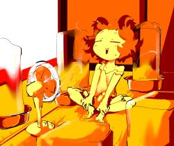  1girl absurdres animal_ears bangs_blown_up bloomers bucket closed_eyes commentary_request cookie_(touhou) electric_fan full_body highres ice_block indoors ishizaki_(ishizaki100) monochrome mouse_ears mouse_girl nazrin nyon_(cookie) open_mouth orange_theme short_hair sitting smile solo tank_top touhou 