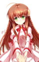  1girl ahoge arm_ribbon artist_name bad_id bad_pixiv_id braid breasts brown_hair closed_mouth collared_dress dated dress flower flower_request green_eyes hair_between_eyes hair_flower hair_ornament hand_grab head_tilt high_collar highres kanbe_kotori long_dress long_hair long_sleeves looking_at_viewer neck_ribbon pink_dress pov pov_hands raised_eyebrows red_dress red_ribbon rewrite ribbon signature simple_background small_breasts smile solo straight-on straight_hair sunnysideup turtleneck turtleneck_dress twin_braids twitter_username two-tone_dress white_background 