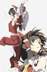  1girl absurdres armpits ascot bare_shoulders bow brown_eyes brown_hair chest_sarashi detached_sleeves from_side grey_background hair_tubes hakurei_reimu highres long_hair parted_lips red_bow red_shirt red_skirt sarashi shirt skirt sleeveless sleeveless_shirt stretching touhou uehara_suiyo variations yellow_ascot 