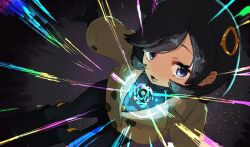  1girl :3 :d black_bodysuit black_hair black_shoes blue_eyes bodysuit bodysuit_under_clothes brown_jacket buttons commentary_request cowlick dark-skinned_female dark_skin emma_(pokemon) from_above glowing hair_ornament jacket jamir looking_at_viewer mega_stone open_mouth parted_bangs pokemon pokemon_legends:_z-a shoes short_hair smile solo 