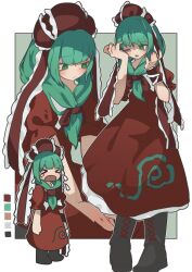  1girl arm_ribbon bow color_guide crying dress frilled_bow frilled_ribbon frills front_ponytail green_eyes green_hair hair_bow hair_ribbon highres kagiyama_hina multiple_views myakopu red_bow red_dress red_ribbon ribbon sad tears touhou white_background 