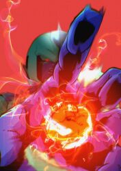  1boy aura blurry blurry_background colored_skin cooler_(dragon_ball) dragon_ball dragon_ball_z fore hand_focus highres purple_skin red_background red_eyes simple_background solo stktik09060906 upper_body 