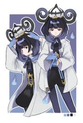  1girl belt belt_buckle black_dress black_hair blue_gloves blunt_bangs buckle closed_mouth coat dress fire gloves gwynn_(pokemon) hat highres looking_at_viewer multiple_views o-ring o-ring_belt open_clothes open_coat outline pantyhose partially_fingerless_gloves piyo_(toripoke710) pokemon pokemon_legends:_z-a purple_fire short_hair violet_eyes white_coat white_outline 