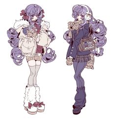  1girl alternate_costume bag belle_(zenless_zone_zero) blue_jacket brown_gloves character_doll closed_mouth commentary doll drill_hair drill_sidelocks fingerless_gloves footwear_ribbon full_body fur-trimmed_jacket fur_leg_warmers fur_trim glove_ribbon gloves hair_ribbon headphones highres holding holding_doll jacket leg_warmers long_hair looking_at_viewer mole mole_under_eye multiple_views pants parted_lips plaid_clothes plaid_scarf plaid_skirt purple_hair purple_leg_warmers purple_pants red_eyes red_nails red_ribbon red_sweater ribbon scarf shoes shoulder_bag sidelocks simple_background skirt sweater thigh-highs vivian_banshee white_background white_jacket white_leg_warmers white_shoes white_thighhighs wise_(zenless_zone_zero) xjgfhvg zenless_zone_zero 