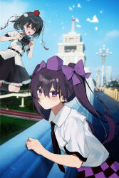 2girls absurdres black_hair black_necktie black_skirt blue_sky bow brown_hair camera checkered_clothes checkered_skirt china closed_mouth collared_shirt commentary_request expressionless feet_out_of_frame hair_between_eyes hair_bow hat highres himekaidou_hatate holding holding_camera iwakoo long_hair looking_at_viewer multiple_girls necktie one_eye_closed open_mouth outdoors pointy_ears pom_pom_(clothes) purple_bow purple_hat purple_skirt real_world_location red_eyes red_hat shameimaru_aya shirt short_sleeves skirt sky smile taiyuan tokin_hat touhou twintails violet_eyes white_shirt 