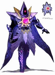  absurdres armor colored_skin full_body gem highres hood humanization long_legs looking_at_viewer mega_pokemon mega_starmie no_eyes no_humans pokemon pokemon_(creature) purple_armor purple_skin red_eyes red_gemstone redesign signature simple_background starfish starmie sukepmonster 