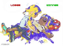  1boy 1girl ariamikukanzaki black_shorts blonde_hair blue_hair braid closed_eyes clothes_grab commentary dark-skinned_male dark_skin dated english_commentary flying_sweatdrops girl_on_top hashtag headphones hirooooo_(splatoon) lying on_back paint_on_body paint_on_clothes paint_on_hands paint_splatter red_shoes shirt shirt_grab shoes short_shorts shorts side_braid signature splatoon_(series) splatoon_3 t-shirt tentacle_hair veronika_(splatoon) very_dark_skin 