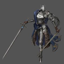  1girl armor armored_skirt asymmetrical_dual_wielding black_hair blue_surcoat boobplate breastplate brown_gloves chain cuirass dual_wielding elden_ring elden_ring:_shadow_of_the_erdtree fake_horns faulds fighting_stance full_armor full_body gloves greaves grey_background helmet holding holding_sword holding_weapon horned_helmet horns knight long_hair multi-tied_hair night night_sky official_art pauldrons plate_armor ponytail rellana_twin_moon_knight rerebrace shoulder_armor signature simple_background single_pauldron sky solo sword weapon 
