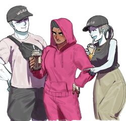  1girl 2boys annoyed bag baseball_cap belt black_hair black_tank_top blue_skin blush breasts brown_hair casual closed_eyes colored_skin commentary cup dancho_no_mori dark-skinned_male dark_skin disposable_cup drink drinking_straw fanny_pack food grey_skin hand_on_own_hip handbag happy hat highres holding holding_cup holding_drink holding_food hood hood_up hoodie jacket laughing little_mac long_hair long_skirt loose_clothes metal_skin multiple_boys muscular muscular_male open_mouth pants pink_hoodie pink_jacket pink_pants pink_shirt pointing pointing_at_another ponytail punch-out!! shirt short_hair shorts simple_background skirt sleeveless sleeveless_shirt smile super_smash_bros. sweatdrop sweatpants symbol-only_commentary tank_top thick_eyebrows white_background white_skin wii_fit wii_fit_trainer_(female) wii_fit_trainer_(male) 