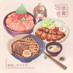  +_+ 1girl :d ahoge blush bowl cherry_tomato chibi chibi_only chopsticks commentary_request double-parted_bangs egg_(food) egg_hair_ornament fish_(food) food food-themed_hair_ornament food_focus fruit green_eyes hair_ornament ikura_(food) lemon lemon_slice meat nanana_(kkyiyi8) noodles open_mouth original plate rice smile solo sparkle sushi tomato 