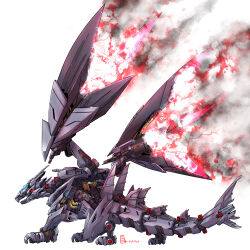  absurdres cockpit dated energy glass_cockpit highres mecha mecha_focus mechanical_tail mechanical_wings mechanization monster_hunter_(series) no_humans non-humanoid_robot pravin_rao_santheran robot robot_dragon signature smoke tail thrusters valstrax white_background wings zoids 