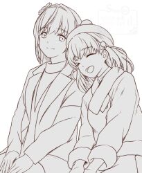  2girls :d ^_^ beanie cerise_bouquet closed_eyes closed_mouth coat commentary flower_hairband fur-trimmed_jacket fur_trim greyscale hat hinoshita_kaho hinoshita_kaho_(winter_casual) jacket link!_like!_love_live! long_sleeves love_live! monochrome multiple_girls official_alternate_costume open_clothes open_coat open_mouth otomune_kozue otomune_kozue_(winter_casual) pom_pom_(clothes) pom_pom_beanie scarf shamakho side-by-side sitting smile split_mouth sweater turtleneck turtleneck_sweater virtual_youtuber 