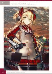  1girl absurdres admiral_hipper_(azur_lane) azur_lane black_thighhighs blonde_hair choker clouds cloudy_sky cross green_eyes grey_hat hat highres horizon iron_cross long_hair looking_at_viewer machinery military military_vehicle ocean official_art pleated_skirt sakusyo scan ship ship_turret skirt sky smile solo thigh-highs twilight two_side_up visor_cap warship watercraft wind zettai_ryouiki 