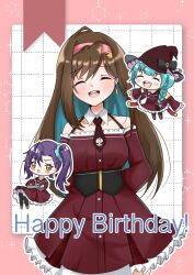  3girls :d :o ;d ^_^ aqua_hair aqua_scrunchie arms_behind_back assault_lily asymmetrical_bangs bare_shoulders black_bow black_pantyhose blunt_bangs blush border bow brown_hair brown_hat brown_sailor_collar brown_shoes chibi closed_eyes colored_inner_hair commentary cowboy_shot detached_collar detached_sleeves dress earrings facing_viewer frilled_dress frilled_hat frilled_skirt frilled_sleeves frills grid_background hair_between_eyes hair_ornament hair_scrunchie hairband halter_dress halterneck happy_birthday hat hat_bow high_side_ponytail highres honma_akehi ishizuka_fujino jewelry kanba_girls_high_school_uniform long_sleeves looking_at_viewer multicolored_hair multiple_girls muzu_(rrlilymo) one_eye_closed open_mouth outline outside_border pantyhose parted_lips pink_border pink_hairband red_dress red_shirt red_skirt rounded_corners sailor_collar school_uniform scrunchie serafuku shirt shoes short_sleeves side_ponytail skirt sleeveless sleeveless_dress sleeves_past_wrists smile sparkle_background standing teeth tozaki_moka two-tone_hair underbust upper_teeth_only v-shaped_eyebrows white_background white_outline wide_sleeves witch_hat 