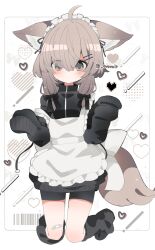  1girl abstract_background ahoge animal_ear_fluff animal_ears animal_request apron arms_up bandaid bandaid_on_knee bandaid_on_leg barcode black_jacket black_ribbon black_shoes black_shorts blush brown_eyes brown_hair closed_mouth commentary crossed_bangs dot_mouth eyes_visible_through_hair hair_ornament hair_ribbon hairpin heart highres jacket jersey_maid kneeling knees_together_feet_apart long_sleeves mafuyu_(vrchat) maid maid_apron maid_headdress multiple_hairpins paw_shoes ribbon shirasuame_shiromaru shoes shooting_star shorts sleeves_past_fingers sleeves_past_wrists solo tail twitter_username unconventional_maid vrchat white_background 