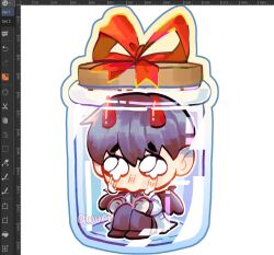  1boy areuwuu art_program_in_frame black_hair black_shirt black_wings chibi chibi_only coat crying crying_with_eyes_open demon_horns feathered_wings hands_on_own_knees highres horns hugging_own_legs jar kim_dokja male_focus omniscient_reader's_viewpoint open_clothes open_coat screenshot shirt short_hair sitting solo sparkling_eyes tears white_coat wings 