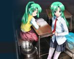  ashibe_ryou green_hair higurashi_no_naku_koro_ni pleated_skirt school_uniform siblings skirt sonozaki_mion sonozaki_shion thighhighs twins wallpaper 