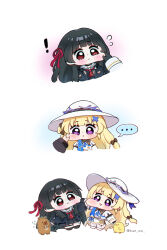  ! ... 2girls baby_animal bird black_gloves black_hair black_jacket black_serafuku black_shirt black_skirt blonde_hair blue_sash capybara cheek_pull chibi chibi_only chick chisa_(wuthering_waves) closed_mouth commentary flying_sweatdrops gloves hair_ornament hair_ribbon hat highres hue_oo jacket long_hair long_sleeves multiple_girls namipon_(wuthering_waves) neckerchief pantyhose phoebe_(wuthering_waves) red_eyes red_neckerchief red_ribbon ribbon sailor_collar sash school_uniform serafuku shirt simple_background skirt spoken_ellipsis symbol-only_commentary violet_eyes white_background white_hat white_pantyhose white_sailor_collar white_shirt white_skirt wuthering_waves x_hair_ornament 