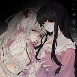  2girls alulue1 black_background black_hair blood blood_from_mouth blunt_bangs bow bowtie brown_eyes closed_mouth collared_shirt commentary_request crying crying_with_eyes_open empty_eyes fingernails frills from_side fujiwara_no_mokou gradient_background grey_background hair_between_eyes hair_bow hand_on_another's_chest hand_on_another's_shoulder hand_up head_on_another's_shoulder high_ponytail highres holding_hands houraisan_kaguya injury long_hair long_sleeves looking_at_viewer moon_phases multiple_girls nosebleed pink_shirt ponytail red_eyes shirt short_sleeves sidelocks simple_background smile suspenders tears torn_clothes torn_shirt touhou upper_body white_bow white_bowtie white_shirt wide_sleeves yuri 