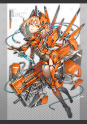  1girl ahoge armored_bodysuit blonde_hair bodysuit breasts clothing_cutout cyberpunk dagger full_body gia gun headgear highres holding holding_dagger holding_gun holding_knife holding_weapon knife looking_at_viewer mecha_musume medium_breasts medium_hair orange_bodysuit orange_eyes original parted_lips signature single_leg_bodysuit single_thighhigh skindentation solo thigh-highs thigh_cutout weapon 