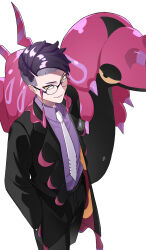  1boy black-framed_eyewear black_coat black_hair black_pants coat collared_shirt commentary_request corbeau_(pokemon) glasses highres male_focus necktie nu-chan_(00_oekaki) open_clothes open_coat pants pokemon pokemon_(creature) pokemon_legends:_z-a purple_shirt round_eyewear scolipede shirt short_hair simple_background smile white_background yellow_eyes 
