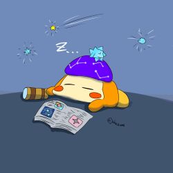  astronomer_waddle_dee blush book closed_eyes constellation_print hat highres holding holding_telescope kirby kirby_(series) kirby_and_the_forgotten_land lying on_stomach purple_hat shooting_star sleeping star-crossed_world star_(symbol) tagme telescope twitter_username warp_star who_is_waz yellow_star zzz 