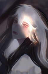  1girl aegyo_sal black_eyes black_hair double-parted_bangs fangs hair_between_eyes hashtag-only_commentary highres looking_at_viewer multicolored_hair original shirt solo two-tone_hair upper_body white_hair white_shirt yu_shiro_ki 