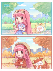  1girl afterimage ahoge animal artist_request autumn autumn_leaves bag bare_arms beret blue_skirt blue_sky blunt_bangs border bow bowtie brown_eyes brown_hat brown_skirt cat chibi cloak clothed_animal clouds cold cowboy_shot cup day disposable_coffee_cup disposable_cup dot_nose drink drooling ear_covers eyewear_on_head falling_leaves fanning_self food fringe_trim hand_fan happy hat hat_ornament high-waist_skirt highres holding holding_bag holding_drink holding_fan holding_food holding_popsicle hood hood_up hooded_cloak hot jewelry leaf leaf_hat_ornament light_blush light_rays long_hair long_sleeves looking_at_viewer maple_leaf midriff miniskirt momo_(nikki) motion_lines necklace nikki_(nikki) nikki_(series) official_art open_mouth outdoors park path pink_hair pleated_skirt popsicle puffy_long_sleeves puffy_sleeves red_bow red_bowtie red_scarf red_sweater scarf second-party_source shining_nikki shirt shirt_under_sweater short_sleeves shoulder_bag sidelocks skirt sky skyline smile standing star_(symbol) star_necklace summer sunglasses sweat sweater t-shirt tareme teeth traditional_bowtie trembling turn_pale turtleneck turtleneck_shirt upper_teeth_only v-shaped_eyebrows very_long_hair walking wavy_hair white_border white_cat white_shirt wind yellow-framed_eyewear yellow_bag yellow_cloak 