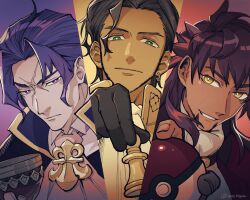  3boys ace_attorney ametoya ascot barok_van_zieks black_gloves black_hair brown_eyes chalice chess_piece claude_von_riegan claude_von_riegan_(timeskip) closed_mouth commentary_request crossover cup earrings fire_emblem fire_emblem:_three_houses gloves green_eyes holding holding_cup jewelry leon_(pokemon) male_focus multiple_boys multiple_crossover pawn_(chess) poke_ball poke_ball_(basic) pokemon pokemon_swsh purple_hair scar scar_on_face short_hair split_screen the_great_ace_attorney violet_eyes white_ascot yellow_eyes 