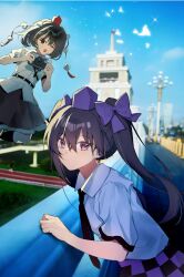 2girls black_hair black_necktie black_skirt blue_sky bow brown_hair camera checkered_clothes checkered_skirt china closed_mouth collared_shirt commentary_request expressionless feet_out_of_frame hair_between_eyes hair_bow hat highres himekaidou_hatate holding holding_camera iwakoo long_hair looking_at_viewer multiple_girls necktie one_eye_closed open_mouth outdoors pointy_ears pom_pom_(clothes) purple_bow purple_hat purple_skirt real_world_location red_eyes red_hat shameimaru_aya shirt short_sleeves skirt sky smile taiyuan tokin_hat touhou twintails violet_eyes white_shirt 