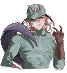 1boy aqua_eyes aqua_helmet aqua_sweater argyle_clothes argyle_sweater blonde_hair blue_tail brown_gloves clawed_gauntlets commentary_request cracked_skin diego_brando dinosaur_tail gloves hand_up helmet jojo_no_kimyou_na_bouken long_sleeves looking_at_viewer male_focus medium_hair scary_monsters_(stand) simple_background slit_pupils smile solo stand_(jojo) steel_ball_run sweater tail turtleneck turtleneck_sweater twitter_username upper_body uzuki_uzu white_background 