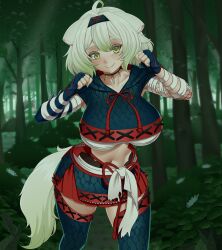  1girl absurdres ahoge animal_ears armor breasts bush chest_sarashi clenched_hands ferret_ears ferret_girl ferret_tail fishnets flower forest gradient_tail green_eyes green_hair green_tail hairband highres indie_virtual_youtuber iocusart45487 jewelry laimu_(huntress)_(vtuber) laimu_(vtuber) large_breasts midriff multicolored_hair multicolored_tail nargacuga_(armor) nature navel necklace outdoors sarashi short_hair smile tail thighs tree two-tone_hair two-tone_tail white_hair 