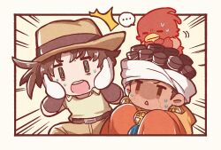  ... 1other 2boys aged_down alternate_universe animal_on_head bird bird_on_head brown_hair brown_hat brown_pants chibi chibi_only commentary_request dark-skinned_male dark_skin earrings emphasis_lines gloves green_eyes hat headband highres hoop_earrings jewelry jojo_no_kimyou_na_bouken joseph_joestar joseph_joestar_(old) joseph_joestar_(young) kasasagi_(hinagi) magician's_red male_focus mohammed_avdol multiple_boys on_head orange_robe pants robe shaded_face sleeves_past_fingers sleeves_past_wrists stand_(jojo) stardust_crusaders sweat triangle_mouth white_gloves white_headband 