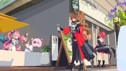  4girls angelina_(arknights) animal animal_ears aqua_tail ardelia_(arknights) arknights arknights:_endfield baby_animal black_boots black_dress black_horns black_shoes black_socks black_thighhighs blue_streaks boots breasts brown_hair coat cup day demon_horns disposable_coffee_cup disposable_cup dolly_(arknights) dress flower fold-over_boots fox_ears fox_girl full_body gilberta_(arknights) gloves hand_on_own_chin hashtag-only_commentary headgear high_collar high_heels highres holding holding_animal holding_cup horns kneehighs laevatein_(arknights) lamb large_breasts long_hair looking_at_another midridf midriff multiple_girls off_shoulder open_clothes open_coat outdoors pants pink_gloves pink_hair pink_horns pink_tube_top pixel_art plant ponytail potted_plant purple_flower purple_shirt red_coat red_eyes red_hair sheep sheep_ears sheep_girl sheep_horns shirt shoes shop short_dress sideless_dress signboard smile socks storefront strapless surtr_(arknights) thigh-highs tube_top twintails vase waving white_coat white_horns white_pants white_shirt yemengmengai yvonne_(arknights) 