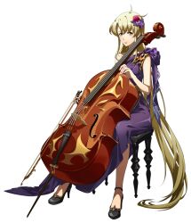  1girl black_shoes blonde_hair bow_(music) cello closed_mouth dress dress_shoes evening_gown flower formal_clothes full_body game_cg gem gown hair_between_eyes hair_flower hair_ornament hair_ribbon high_heels highres holding holding_bow_(music) holding_instrument instrument langrisser langrisser_ii langrisser_mobile long_dress long_hair long_sidelocks looking_at_viewer official_alternate_costume official_art on_stool orange_eyes pearl_(gemstone) purple_dress purple_ribbon rana_(langrisser) red_flower red_rose ribbon rose second-party_source shoes sidelocks simple_background single_bare_shoulder sitting sleeveless solo stool tachi-e transparent_background variant_set very_long_hair 