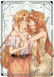  2girls :d ;d abstract_background absurdres alternate_costume animal_ears arms_around_neck asuna_(sao) bare_shoulders belt black_background black_belt blunt_bangs blush breasts brown_hair casual collarbone commentary commission cowboy_shot crossover dress english_commentary eyelashes grin groin hair_between_eyes hands_up highres holding_another's_arm hug inset_border long_hair looking_at_viewer medium_breasts metal_hair_tubes multiple_girls no_tail official_alternate_costume one_eye_closed open_mouth pink_eyes pink_skirt raccoon_ears raccoon_girl raphtalia ribbon rizqyan_3 shirt skirt smile straight-on straight_hair sword_art_online tate_no_yuusha_no_nariagari teeth tongue upper_teeth_only vgen_commission vgen_logo waist_ribbon watermark white_background white_ribbon white_shirt yellow_dress yellow_eyes 